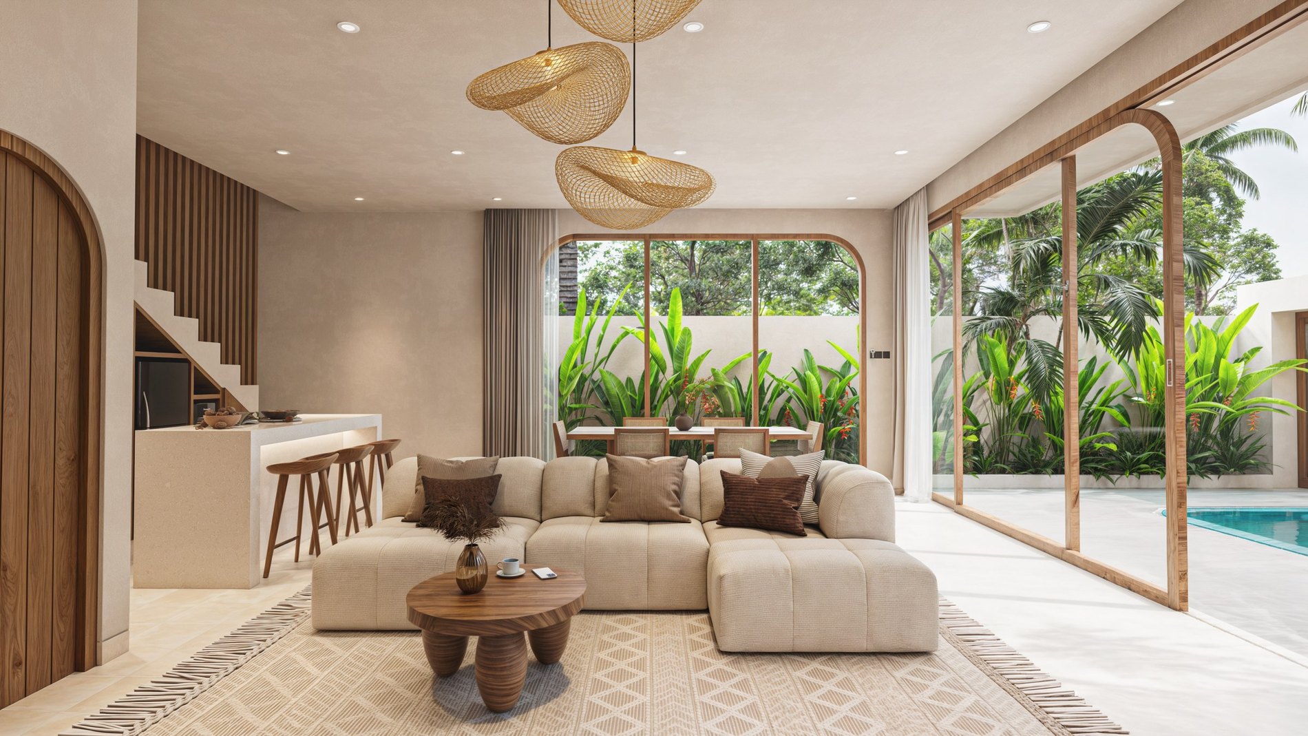 Arawa Villas, the living room opening to the pool