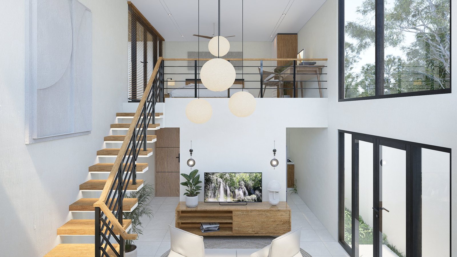 1 bed loft, Balangan, the double height living room, render