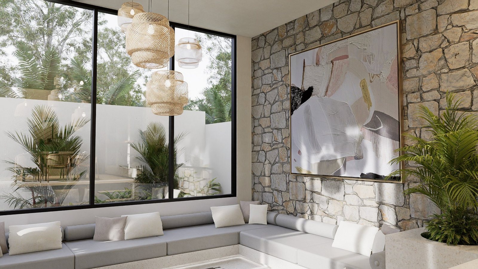 3 bed pool villa, Balangan, the sunken lounge, render
