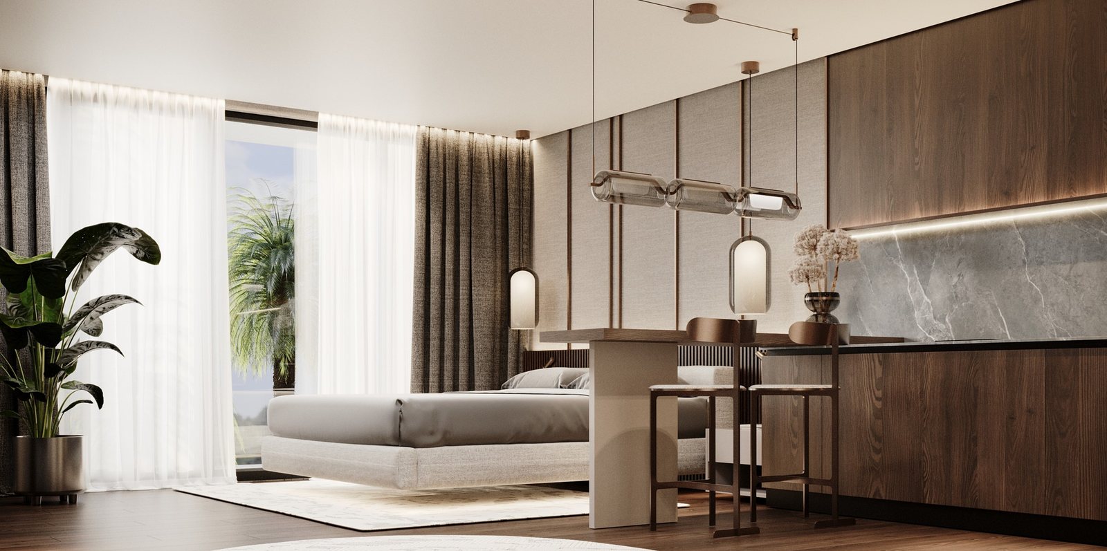 Hotel apartments, Batu Bolong, Canggu, a studio, the kitchenette and bed, render