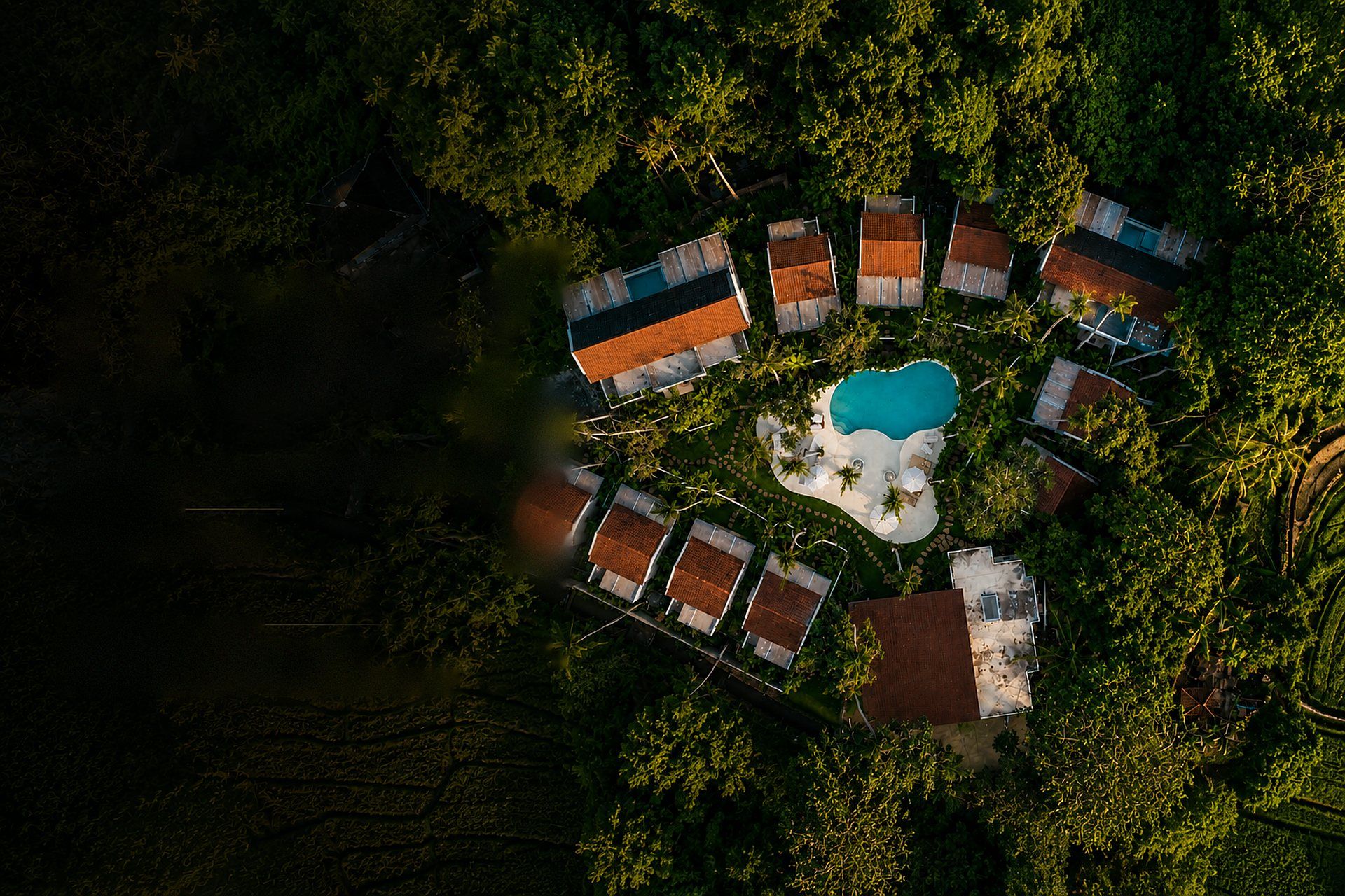 Aerial view of a boutique villa resort in Kedungu, Bali