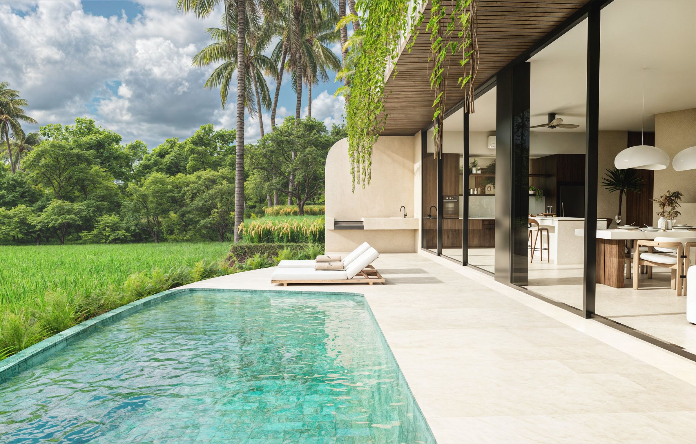 A rice field pool villa we list in Kedungu, render