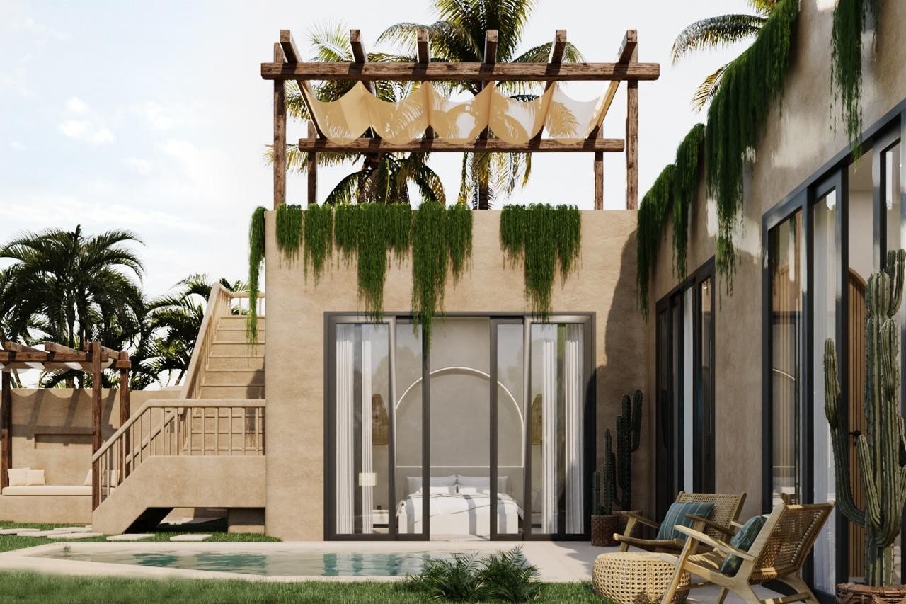 2 bed pool villa, Kaba Kaba, the pool and the main bedroom, with the rooftop above, render