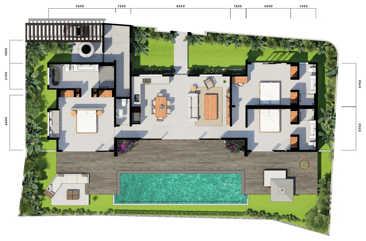 3 bed pool villa, Kaba Kaba, floor plan