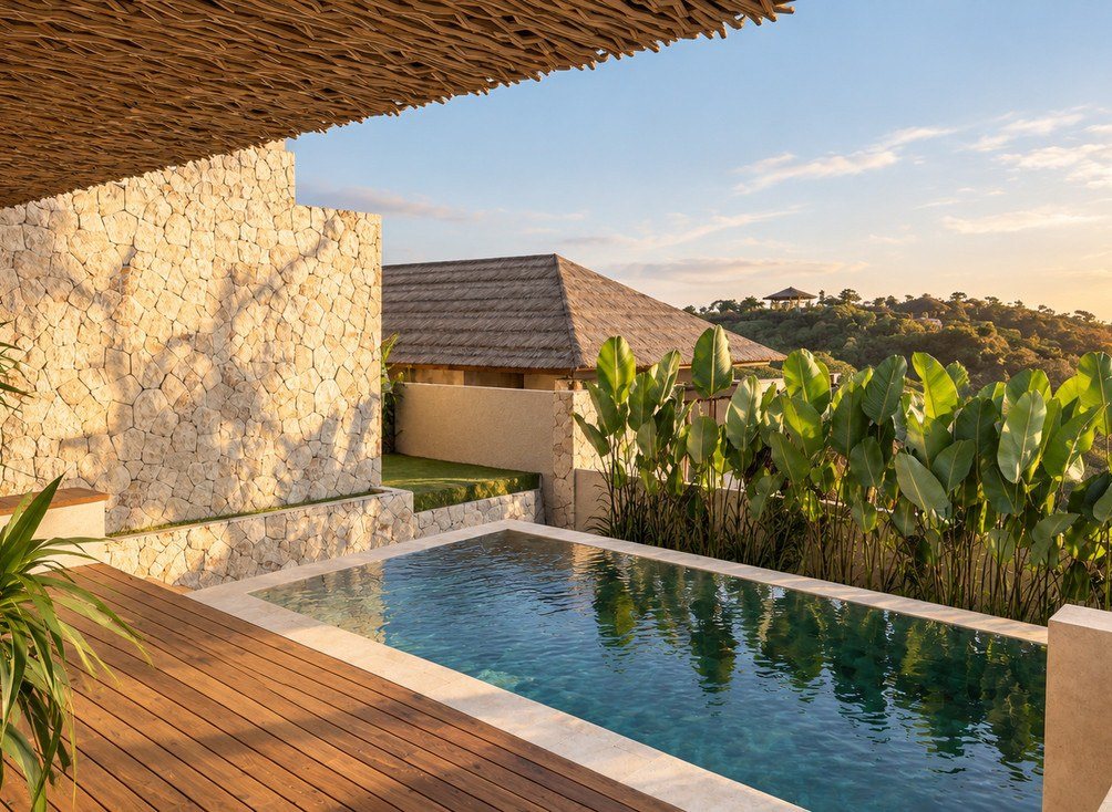 1 and 2 bed pool villas, Kuta Lombok, a private pool and deck, render