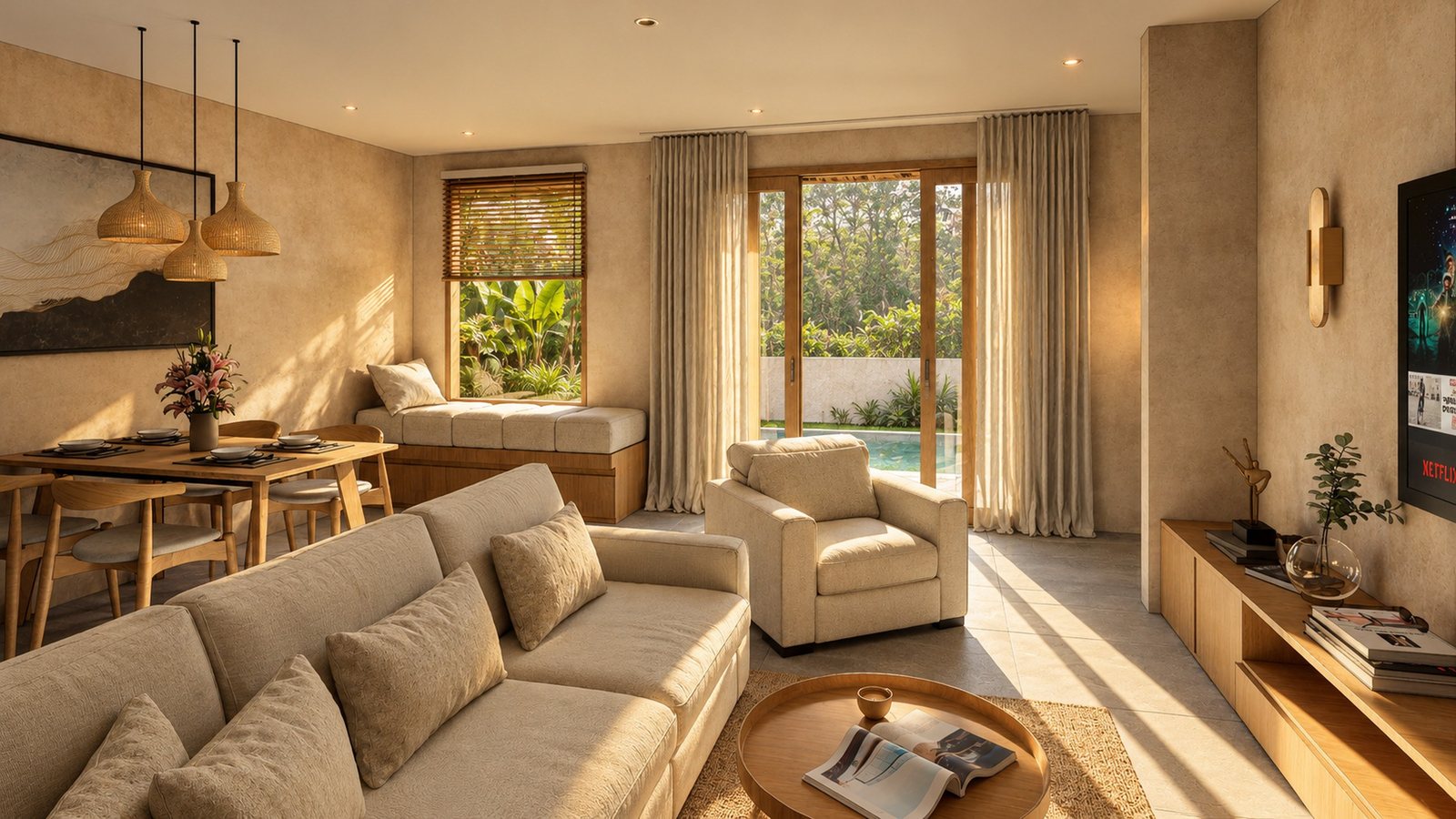1 and 2 bed pool villas, Kuta Lombok, the living room of a 1 bed villa, render