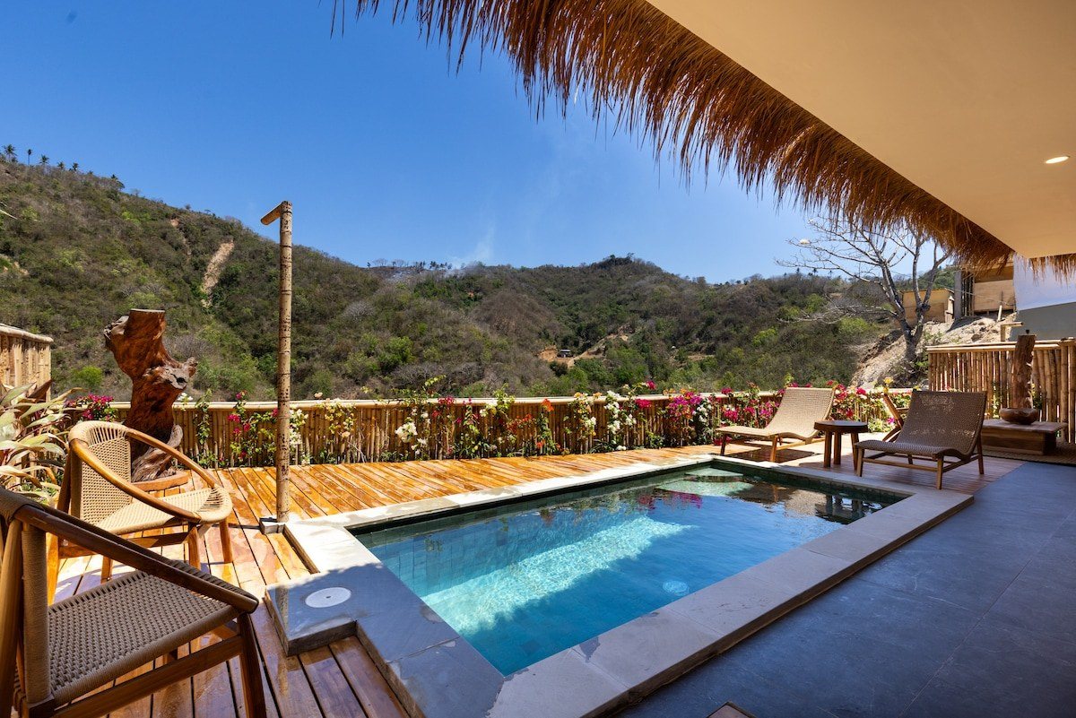 2 bed pool villa, Kuta Lombok, the pool and hill view