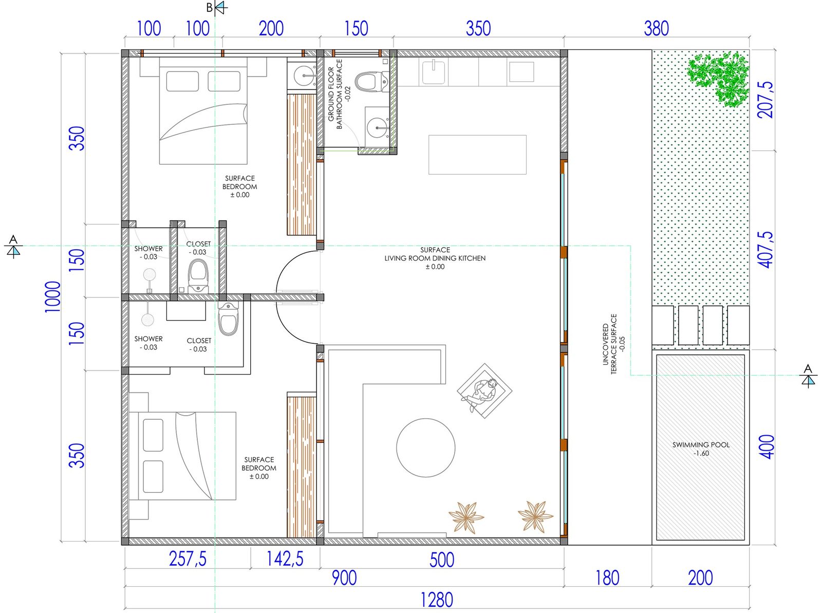 2 bed pool villa, Kuta Lombok, floor plan