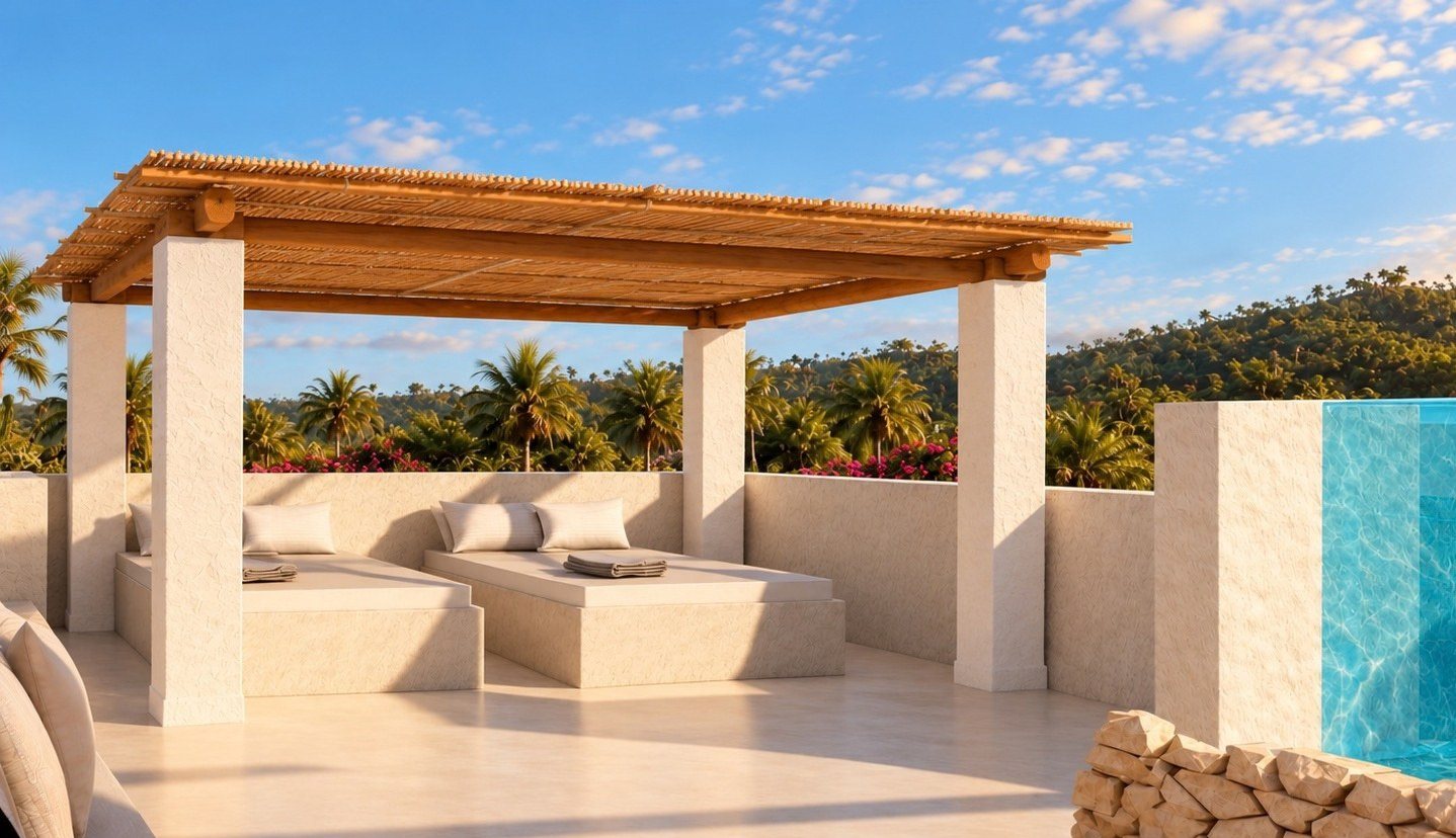2 bed rooftop pool villa, Kuta Lombok, the rooftop plunge pool and pergola, render