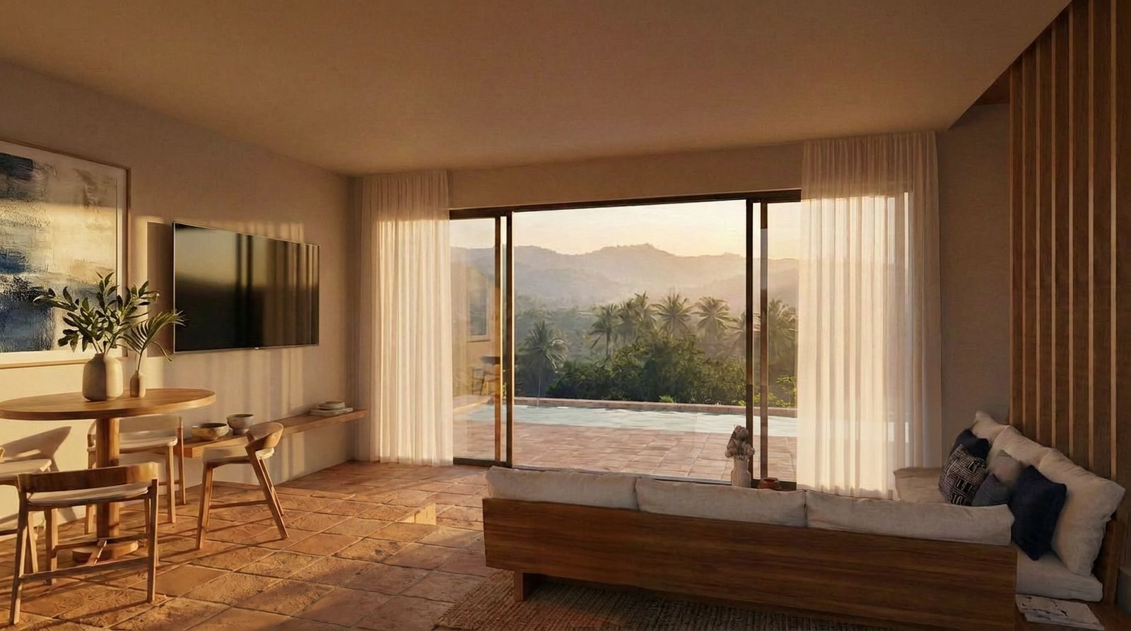 Hillside pool villas, Kuta Lombok, the living room opening to the view, render