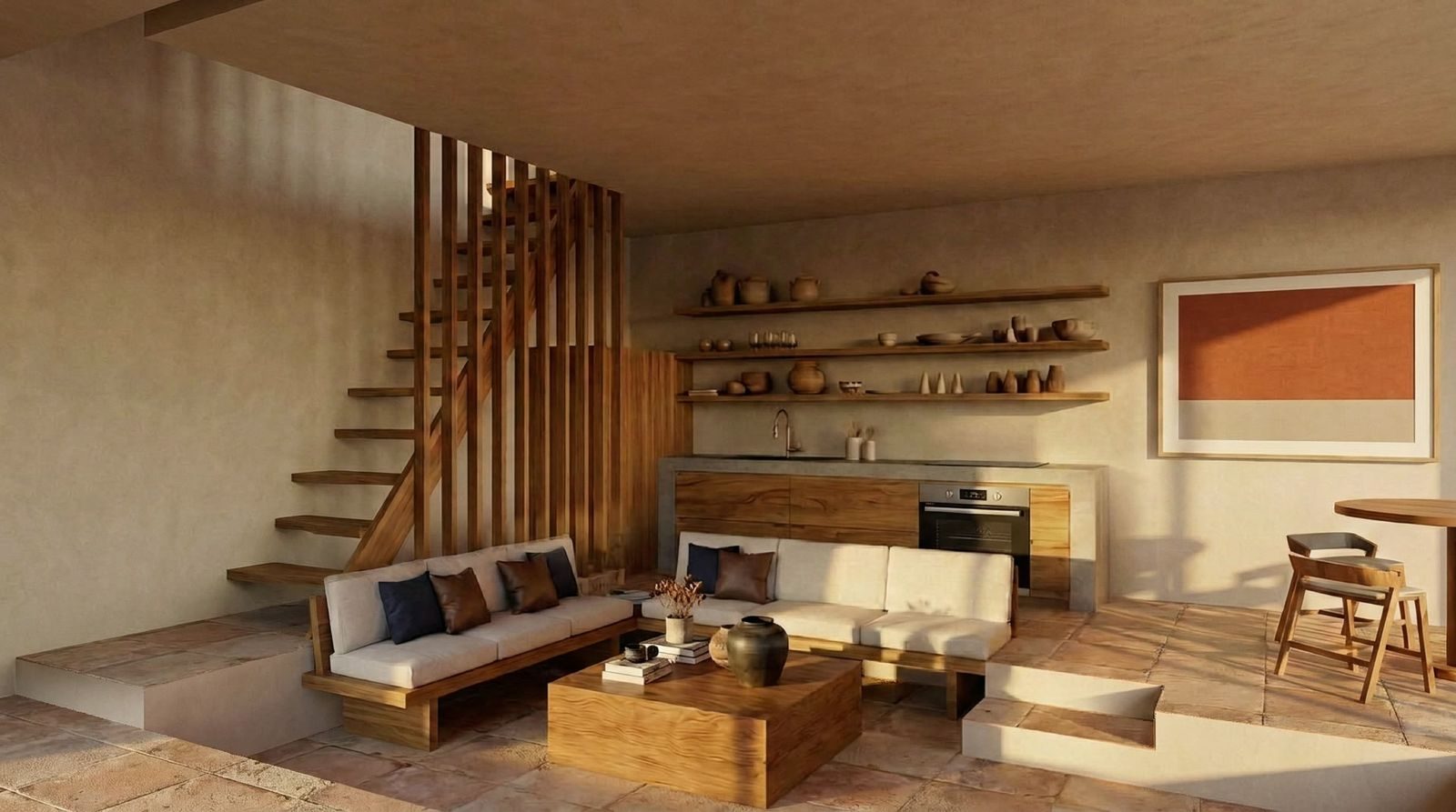 Hillside pool villas, Kuta Lombok, the living room and kitchen, render