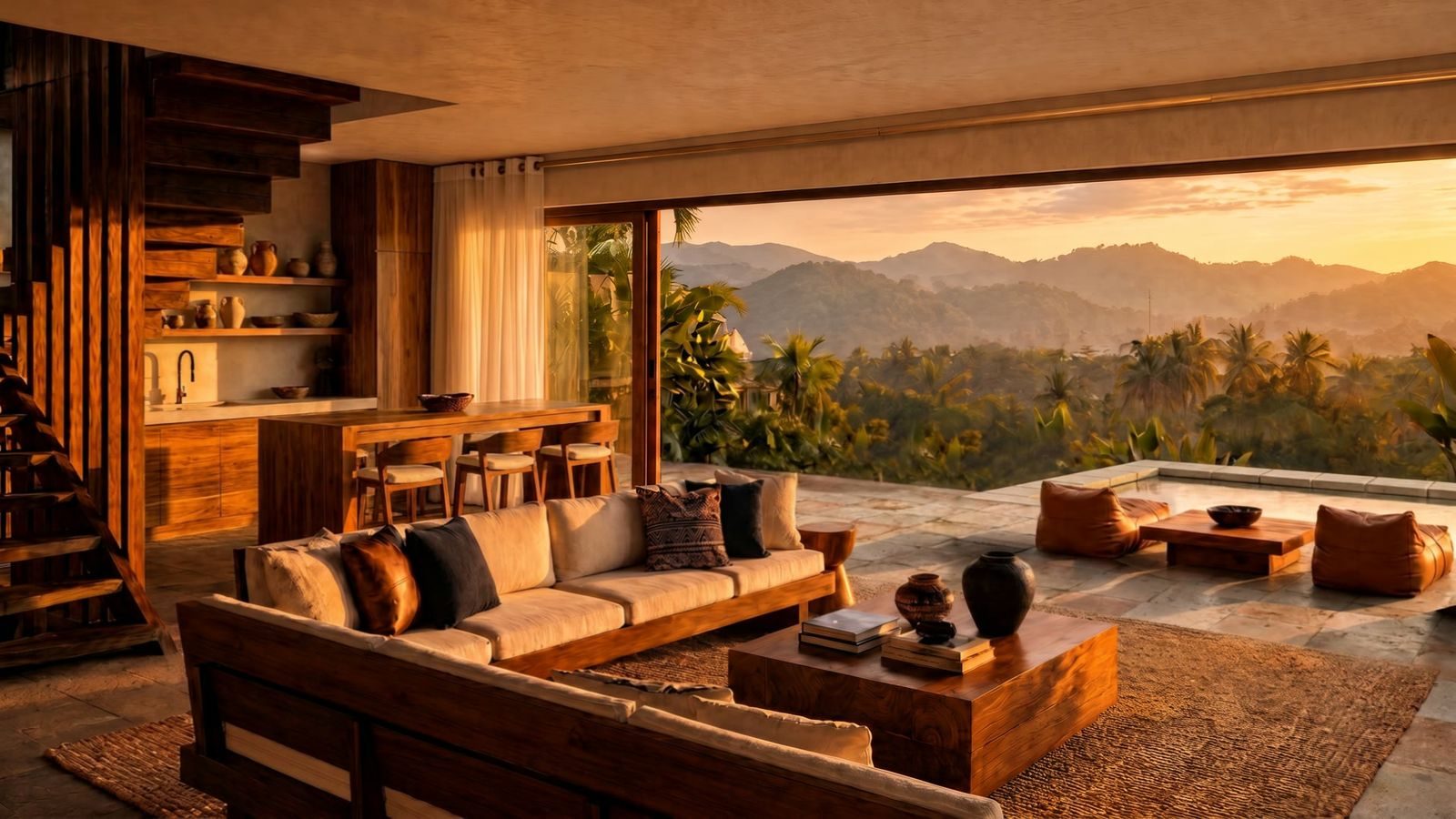 Hillside pool villas, Kuta Lombok, the living room looking out to the hills, render