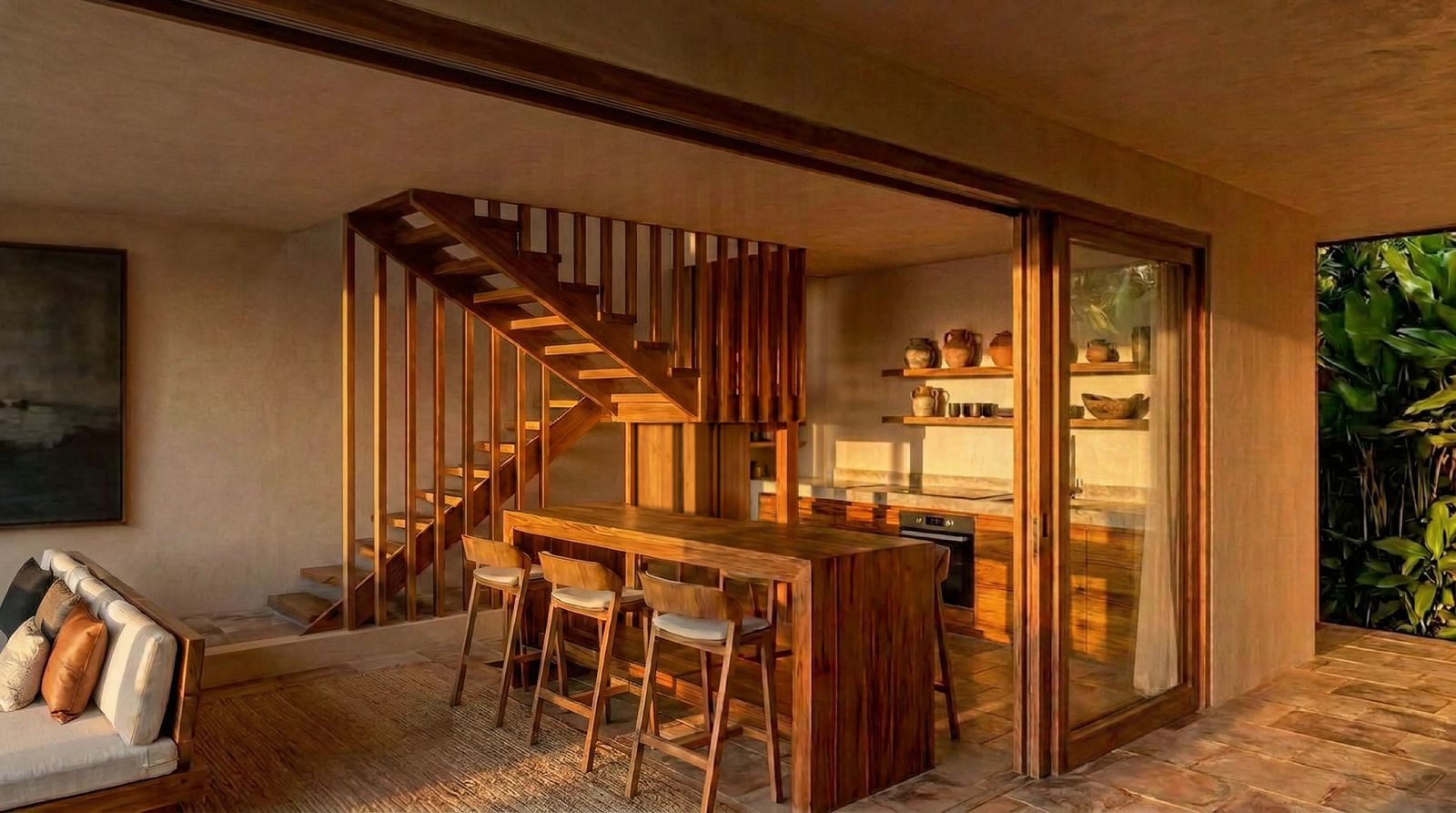 Hillside pool villas, Kuta Lombok, the kitchen and dining table, render