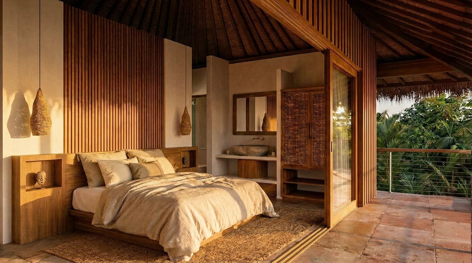 Hillside pool villas, Kuta Lombok, a bedroom opening to the balcony, render