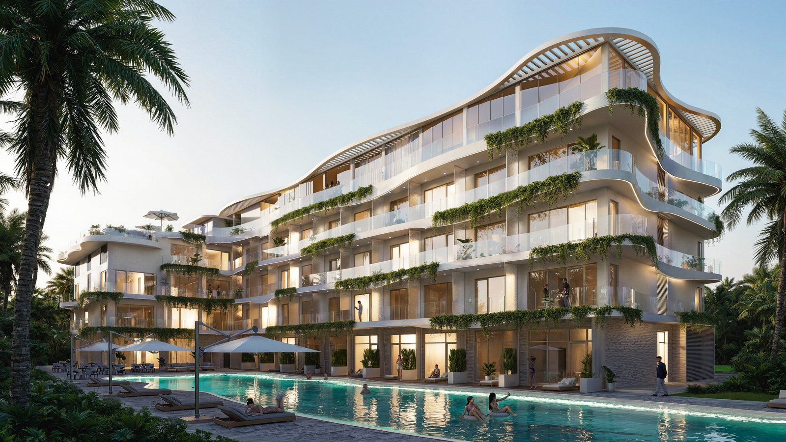 Hotel suites and villas, Kutuh, Pandawa, the hotel building and lagoon pool, render