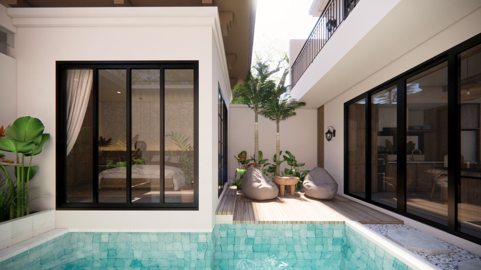 2 bed pool villa, Ungasan, the pool courtyard, with the main bedroom and the kitchen opening onto it (render), render