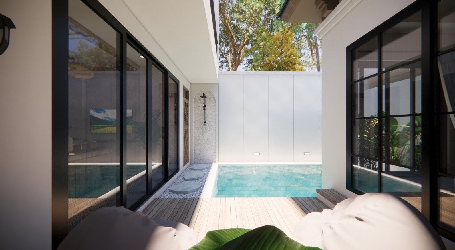 2 bed pool villa, Ungasan, the pool, deck and outdoor shower (render), render