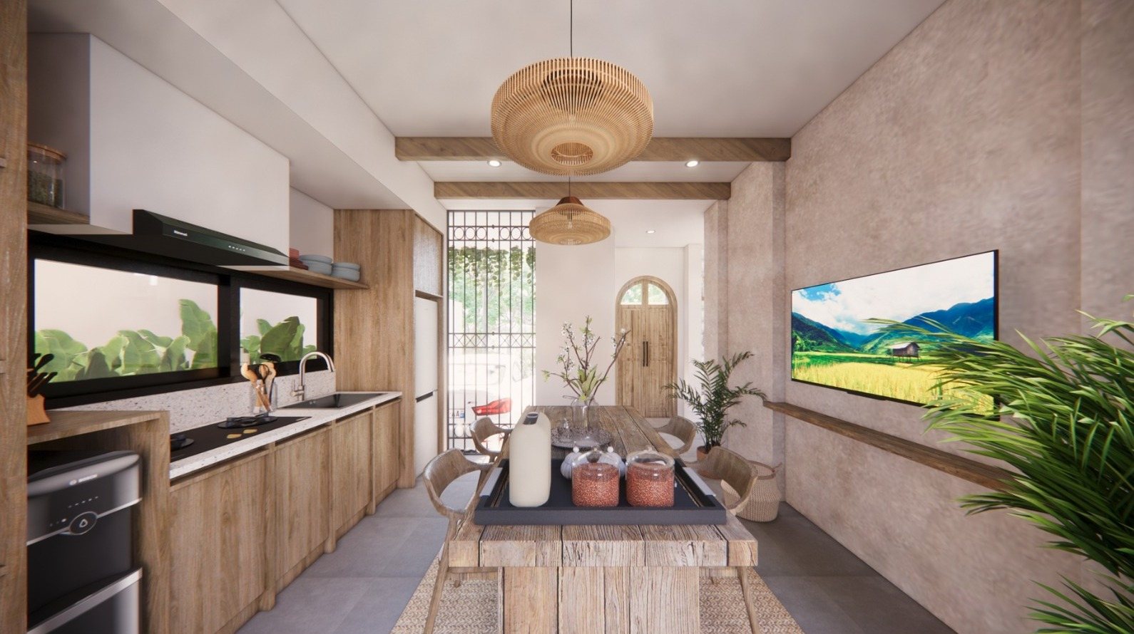 2 bed pool villa, Ungasan, the kitchen and dining table (render), render