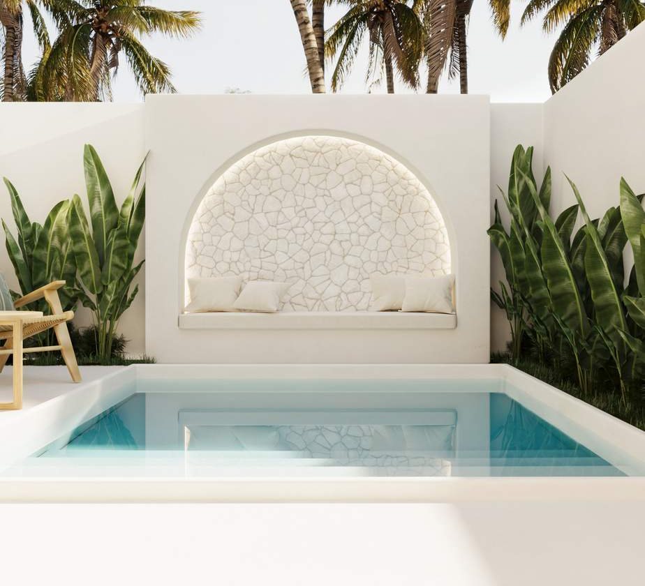 2 bed pool villa, Ungasan, the pool and its arched alcove seat, render